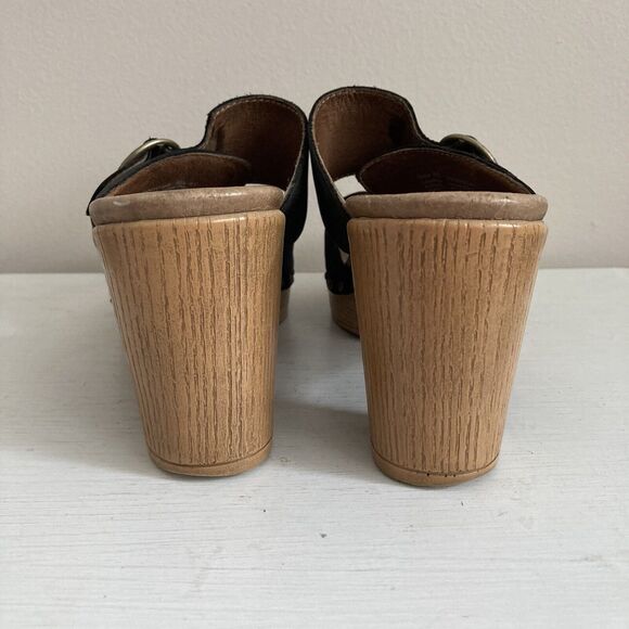 Dansko Black Leather Slide Slip On Sandals Heels Studs Size 41 Buckle Platform - Picture 8 of 11